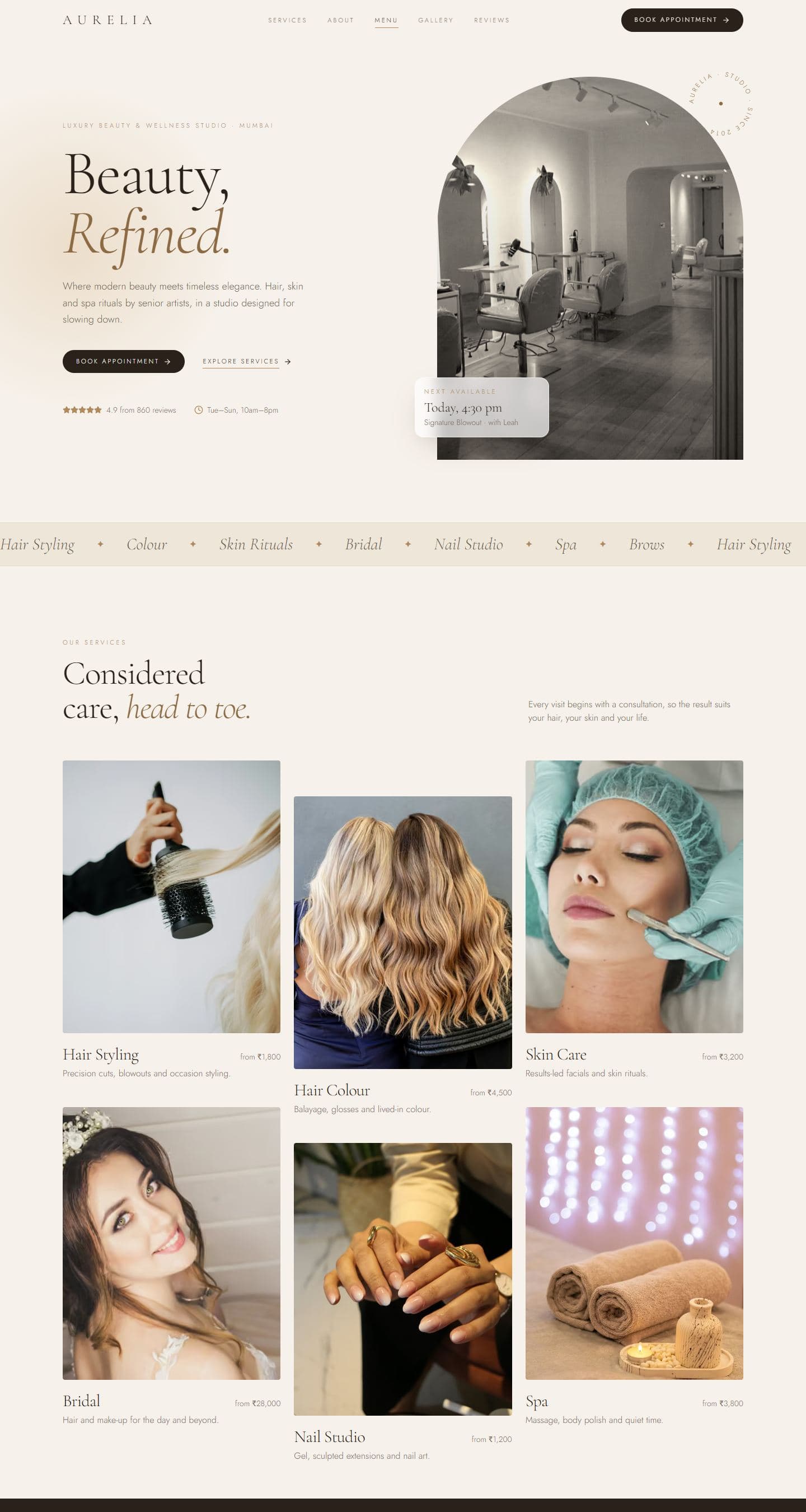 Preview of the Aurelia Beauty Studio template