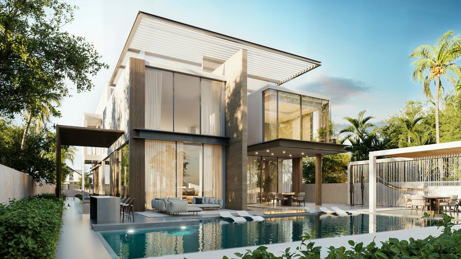 Arden Terraces, a modern villa elevation with pool