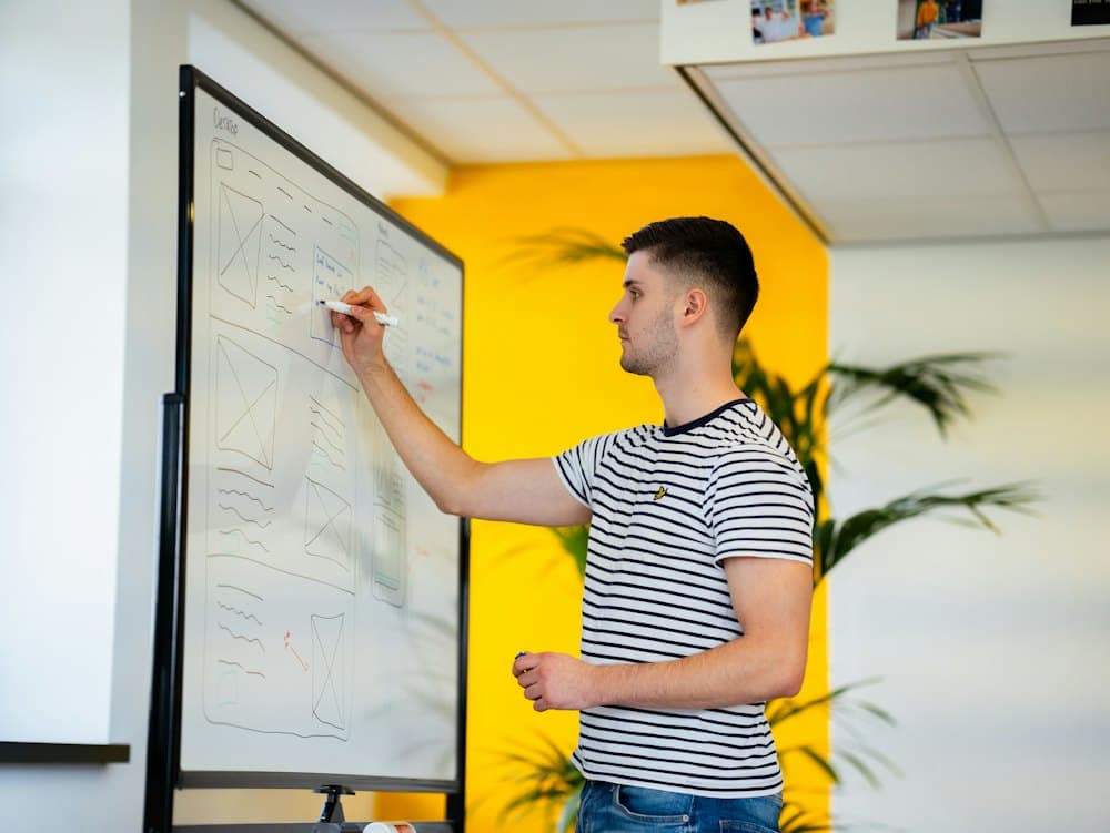 A teacher explaining a problem at the whiteboard